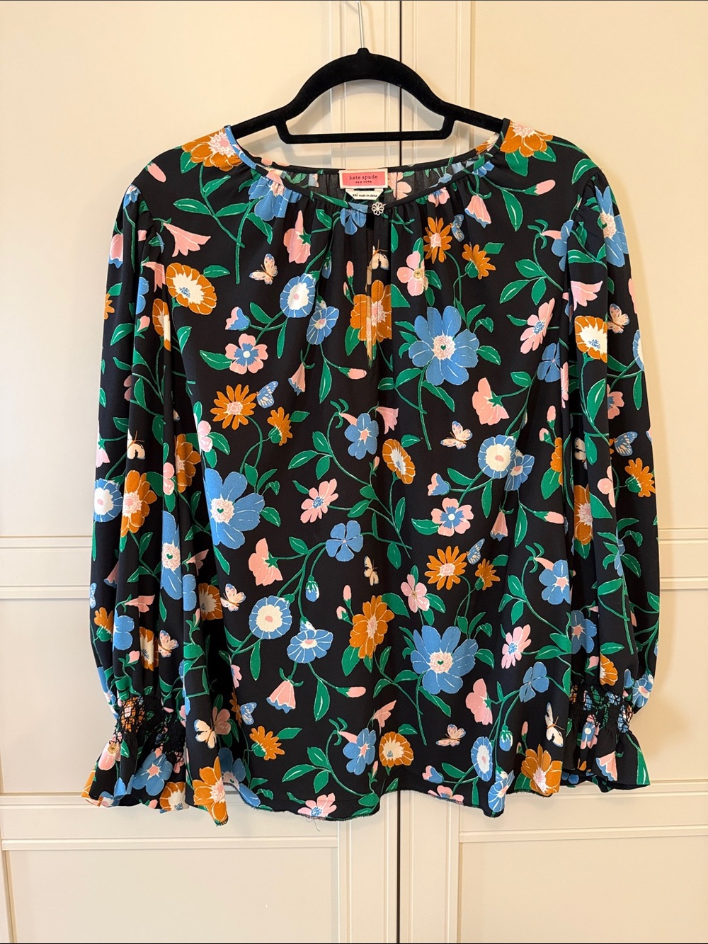 Kate Spade Floral Peasant Blouse XXL Black Multi Color Long Sleeve